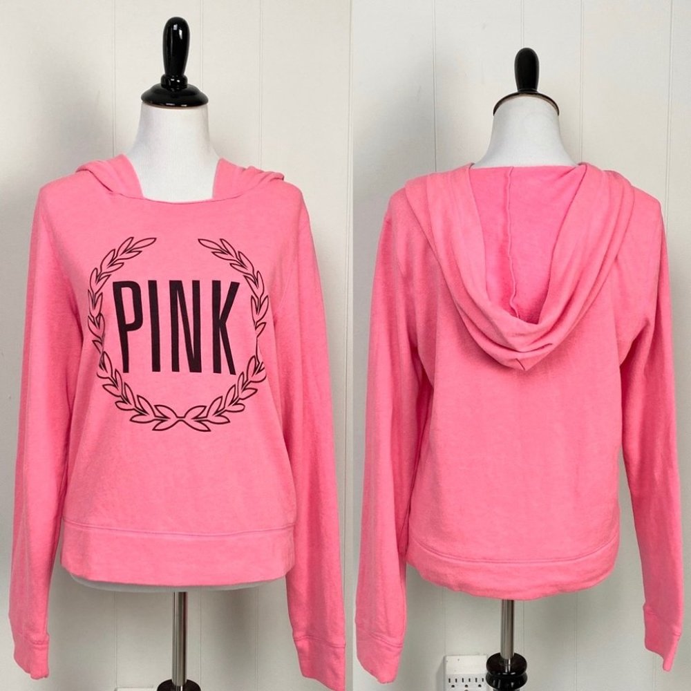 PINK Victoria's Secret Neon Pink Logo Front Hoodie Hooded Sweatshirt Sz. M
